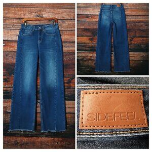 Sidefeel Jeans Size 8 High Rise Wide Leg Paneled Raw Hem Dark Wash Denim Stretch